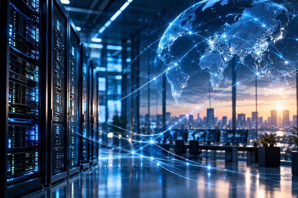 サーバーラックが並ぶデータセンターと、世界地図のネットワークが広がる夕景の都市