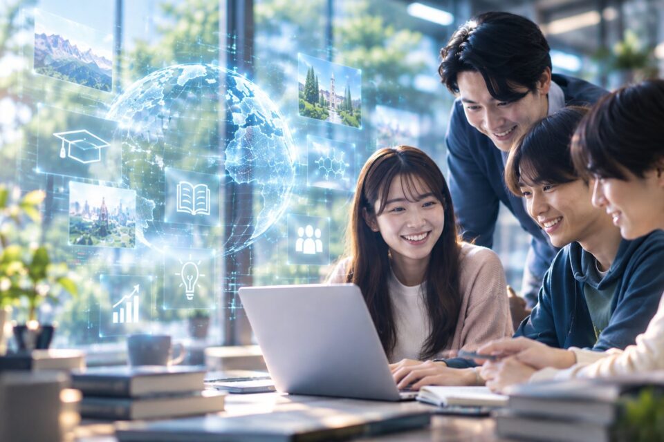 ノートパソコンを囲んで楽しそうに学ぶ若い人たち