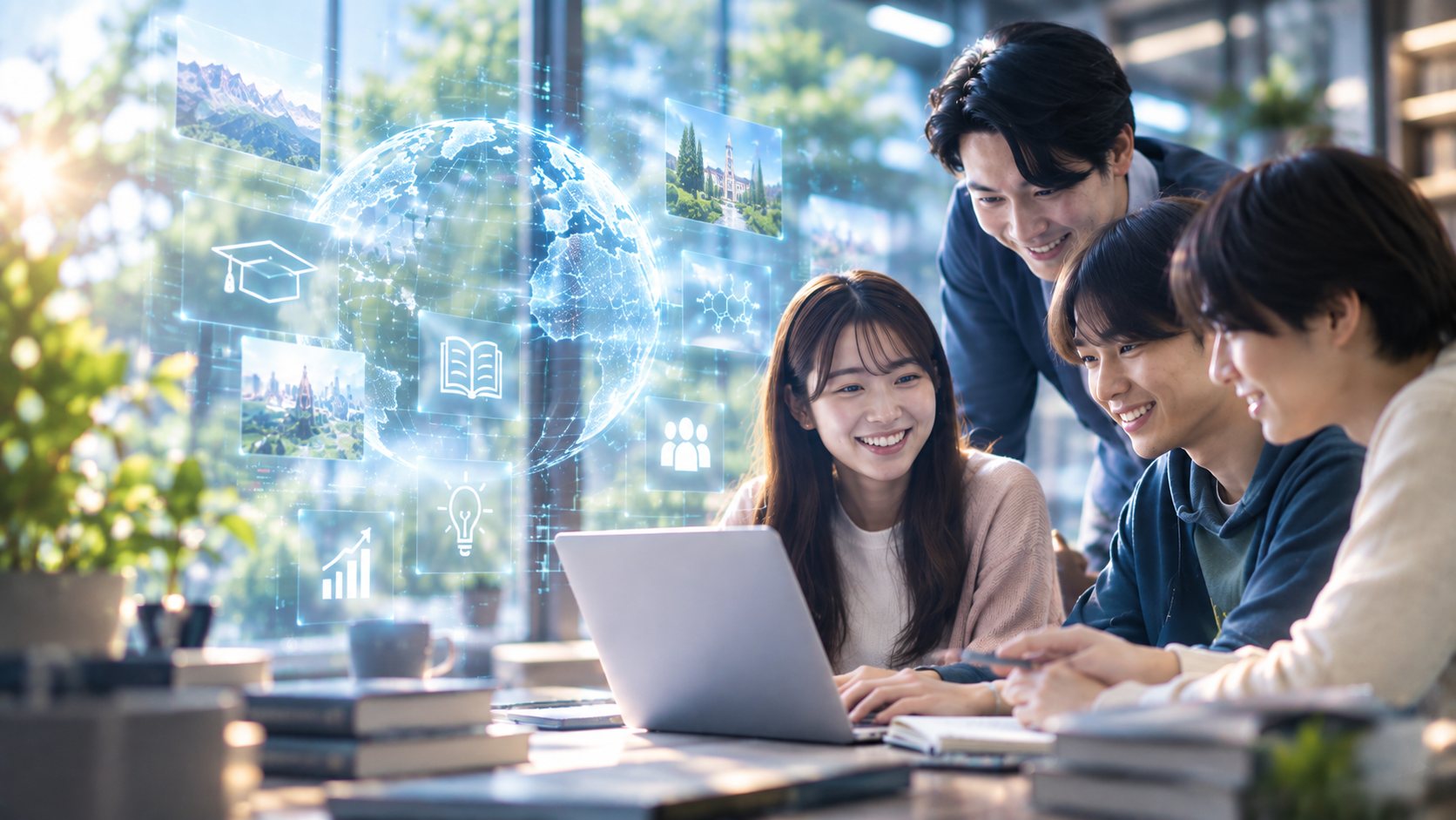 ノートパソコンを囲んで楽しそうに学ぶ若い人たち