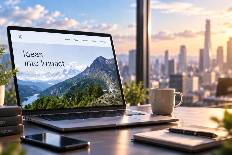 夕日の差す窓辺のデスクに置かれた、Webサイトを表示したノートパソコン