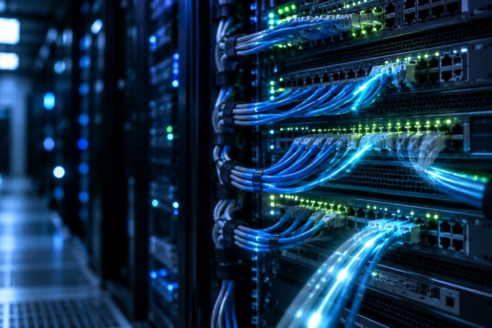 配線されたネットワーク機器のラック